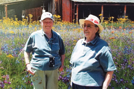 Casey Stengl (right) and her partner Lorraine Wyer in the Stengl Lost Pines wildflower meadow.